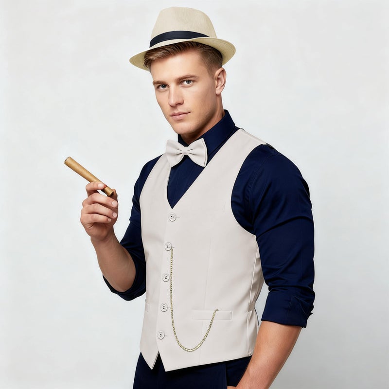BABEYOND 1920s Mens Costume, Gatsby Gangster Costume Accessories Set For Men, 1920s Mens Outfit with Fedora Hat Vintage Vest Bowtie Plastic Cigar Pocket Watch Armbands - Image 3